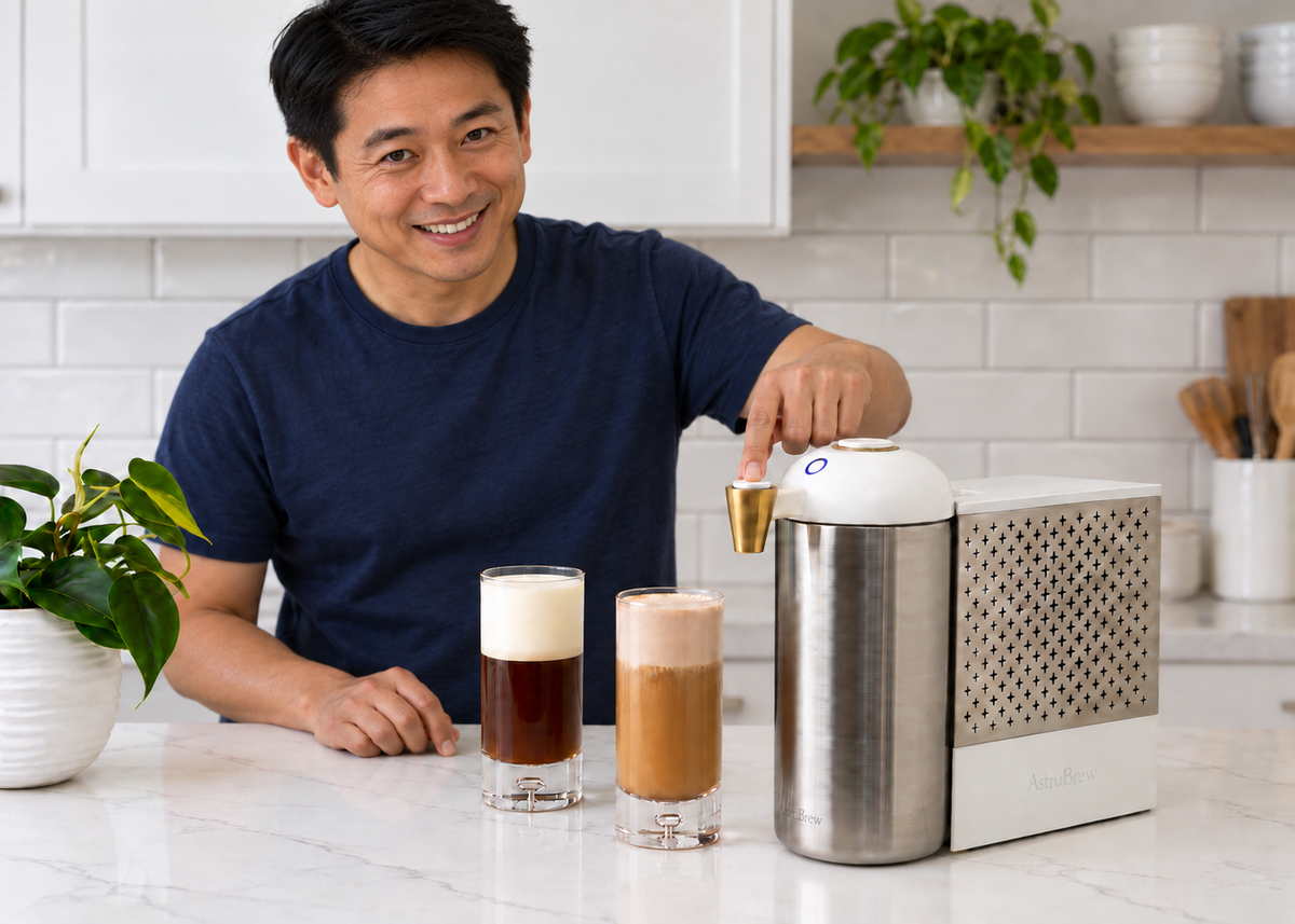 Man using AstroBrew coffee maker with two glasses of cold brew