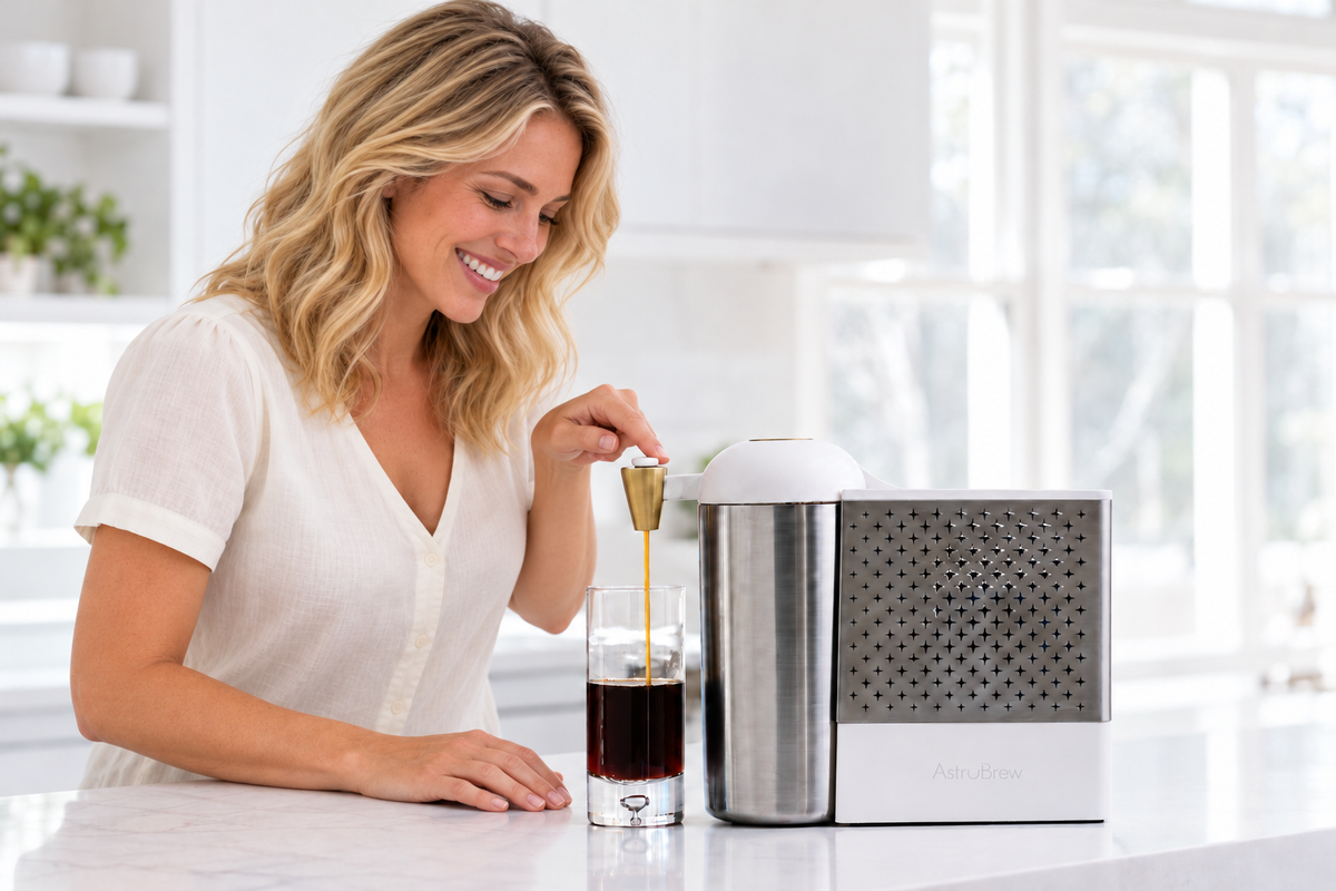Woman looking down while dispensing cold brew from the AstroBrew machine