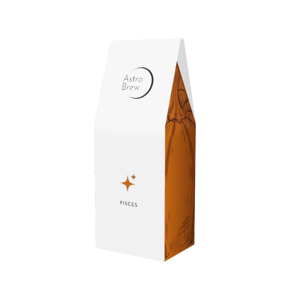 Authentic Pisces coffee bag with an illustrated orange side panel