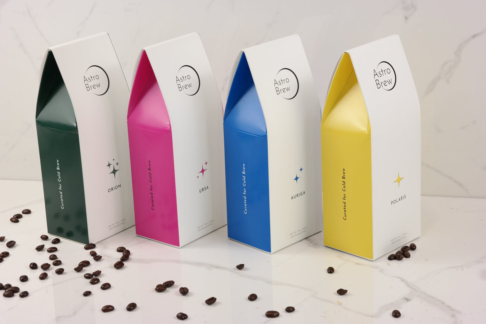 The AstroBrew coffee lineup arranged as a collection