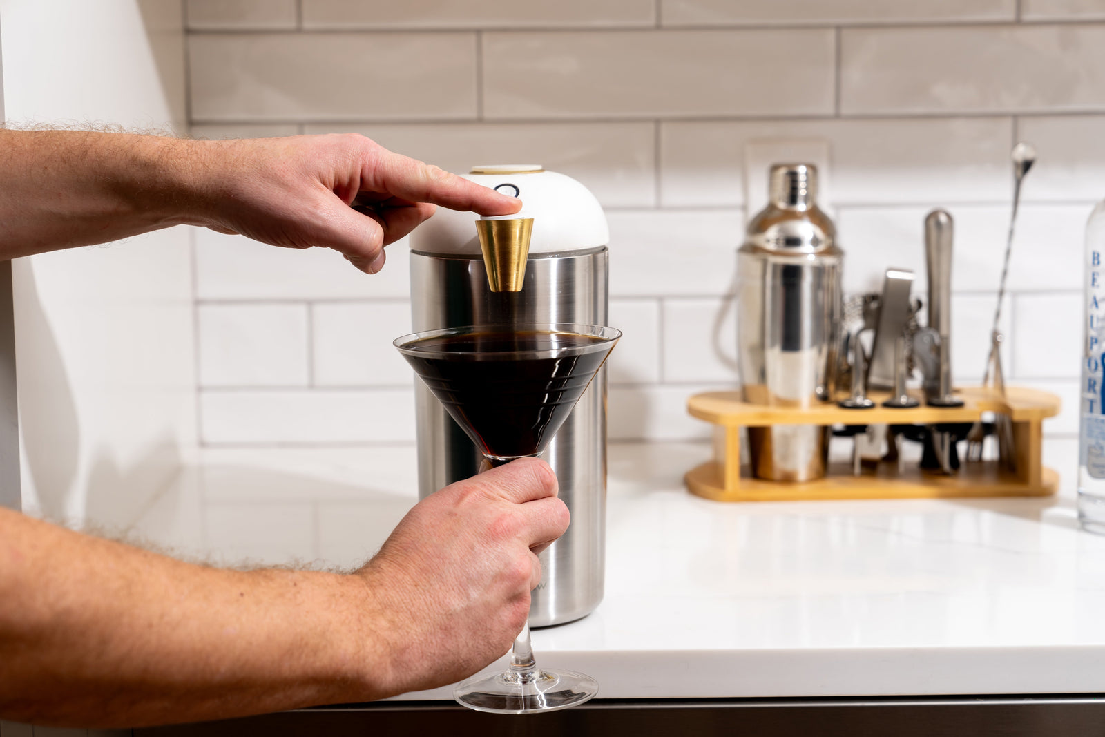 A cold coffee drink served in a stemmed glass